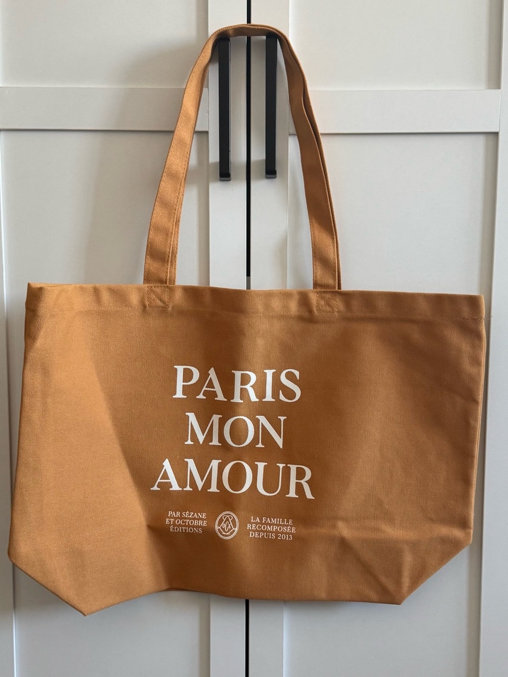 Sezane Paris Mon Amour Tote Bag - Tan with White Text